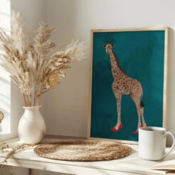 Giraffe Turquouise Heels - Stretched Canvas, Poster Or Fine Art Print(Giraffe Turquouise Heels Stretched Canvas Poster Or Fine Art Print) -Heart Wall Art Store Giraffe turquouise heels Stretched Canvas Poster or Fine Art Print I Heart Wall Art 41725782