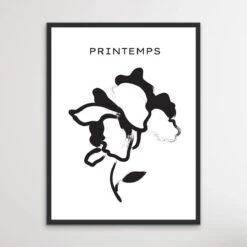 Printemps Number Two -Minimalist Black And White Flower With One Leaf Line Classic Art Print(Printemps Number Two Minimalist Black And White Flower With One Leaf Line Classic Art Print)