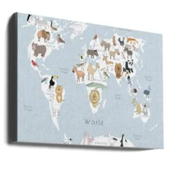 Illustrated Map Of The World With Cute Animals - Stretched Canvas, Poster Or Fine Art Print(Illustrated Map Of The World With Cute Animals Stretched Canvas Poster Or Fine Art Print) -Heart Wall Art Store canvas landscape wrap around 2886774