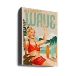 Surfing Pinup Girl On Beach In Bikini - Stretched Canvas, Poster Or Fine Art Print(Surfing Pinup Girl On Beach In Bikini Stretched Canvas Poster Or Fine Art Print) -Heart Wall Art Store canvas portrait wrap around 2884804