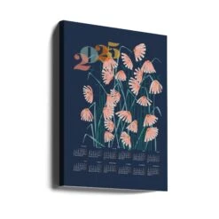 Calendar 2025 Linocut Flowers Blue - Stretched Canvas, Poster Or Fine Art Print(Calendar 2025 Linocut Flowers Blue Stretched Canvas Poster Or Fine Art Print) -Heart Wall Art Store canvas portrait wrap around 2910809