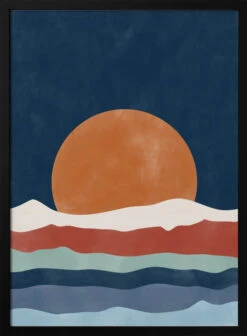 Large Orange Sun Setting Over Stylized Waves - Stretched Canvas, Poster Or Fine Art Print(Mws_apo_1_large Orange Sun Setting Over Stylized Waves Stretched Canvas Poster Or Fine Art Print)