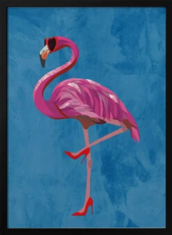 Flamingo In Heels And Heart Glasses Blue - Stretched Canvas, Poster Or Fine Art Print(Flamingo In Heels And Heart Glasses Blue Stretched Canvas Poster Or Fine Art Print)