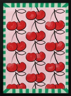 Red Cherries On A Pink - Stretched Canvas, Poster Or Fine Art Print(Red Cherries On A Pink Stretched Canvas Poster Or Fine Art Print)