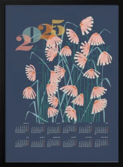 Calendar 2025 Linocut Flowers Blue - Stretched Canvas, Poster Or Fine Art Print(Calendar 2025 Linocut Flowers Blue Stretched Canvas Poster Or Fine Art Print)