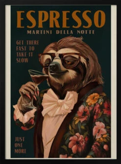 Art Deco Espresso Martini Drinking Sloth - Stretched Canvas, Poster Or Fine Art Print(Art Deco Espresso Martini Drinking Sloth Stretched Canvas Poster Or Fine Art Print)