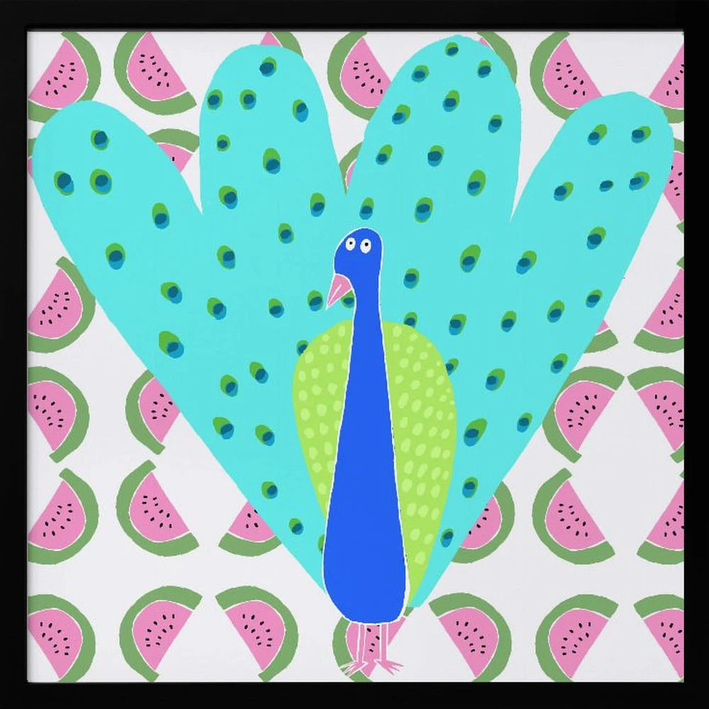 Electric Peacock With Watermelon Pattern By Artist Carla Daly - Square Stretched Canvas, Poster Or Fine Art Print(Electric Peacock With Watermelon Pattern By Artist Carla Daly Square Stretched Canvas Poster Or Fine Art Print) 5 Electric Peacock With Watermelon Pattern By Artist Carla Daly - Square Stretched Canvas, Poster Or Fine Art Print(Electric Peacock With Watermelon Pattern By Artist Carla Daly Square Stretched Canvas Poster Or Fine Art Print) - Image 5