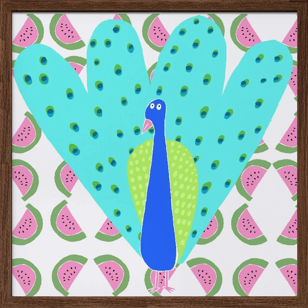 Electric Peacock With Watermelon Pattern By Artist Carla Daly - Square Stretched Canvas, Poster Or Fine Art Print(Electric Peacock With Watermelon Pattern By Artist Carla Daly Square Stretched Canvas Poster Or Fine Art Print) 4 Electric Peacock With Watermelon Pattern By Artist Carla Daly - Square Stretched Canvas, Poster Or Fine Art Print(Electric Peacock With Watermelon Pattern By Artist Carla Daly Square Stretched Canvas Poster Or Fine Art Print) - Image 4