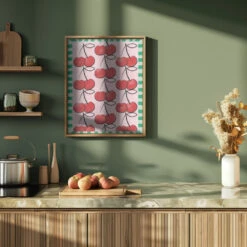 Red Cherries On A Pink - Stretched Canvas, Poster Or Fine Art Print(Red Cherries On A Pink Stretched Canvas Poster Or Fine Art Print) -Heart Wall Art Store pictufy green kitchen ratio 4x5 2787951