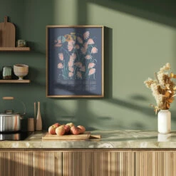 Calendar 2025 Linocut Flowers Blue - Stretched Canvas, Poster Or Fine Art Print(Calendar 2025 Linocut Flowers Blue Stretched Canvas Poster Or Fine Art Print) -Heart Wall Art Store pictufy green kitchen ratio 4x5 2910809