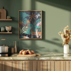 Tropical Tiger Trio - Stretched Canvas, Poster Or Fine Art Print(Tropical Tiger Trio Stretched Canvas Poster Or Fine Art Print) -Heart Wall Art Store pictufy green kitchen ratio 4x5 2998646