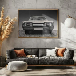 US Classic Car 1967 Cutlass Supreme Sports Coupe - Stretched Canvas, Poster Or Fine Art Print(Us Classic Car 1967 Cutlass Supreme Sports Coupe Stretched Canvas Poster Or Fine Art Print) -Heart Wall Art Store pictufy horizontal dark sofa gray wall ratio 5x7 2143262