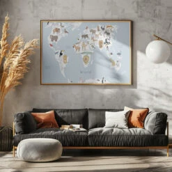 Illustrated Map Of The World With Cute Animals - Stretched Canvas, Poster Or Fine Art Print(Illustrated Map Of The World With Cute Animals Stretched Canvas Poster Or Fine Art Print) -Heart Wall Art Store pictufy horizontal dark sofa gray wall ratio 5x7 2886774