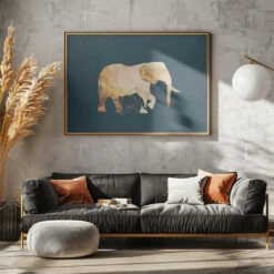 Gold Elephants Turquoise - Stretched Canvas, Poster Or Fine Art Print(Gold Elephants Turquoise Stretched Canvas Poster Or Fine Art Print) -Heart Wall Art Store pictufy horizontal dark sofa gray wall ratio 5x7 2991354