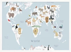 Illustrated Map Of The World With Cute Animals - Stretched Canvas, Poster Or Fine Art Print(Illustrated Map Of The World With Cute Animals Stretched Canvas Poster Or Fine Art Print) -Heart Wall Art Store pictufy horizontal white 70x50 2886774