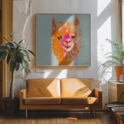 Orange Alpaca - Square Stretched Canvas, Poster Or Fine Art Print(Orange Alpaca Square Stretched Canvas Poster Or Fine Art Print) -Heart Wall Art Store pictufy interior 70s sofa ratio 1x1 2618756