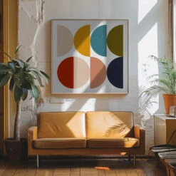Mid Century Geometric Color Play - Square Stretched Canvas, Poster Or Fine Art Print(Mid Century Geometric Color Play Square Stretched Canvas Poster Or Fine Art Print) -Heart Wall Art Store pictufy interior 70s sofa ratio 1x1 2639798