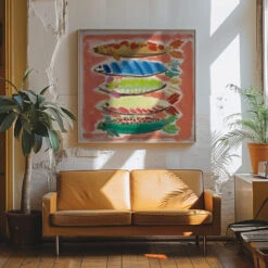 Five Fish - Square Stretched Canvas, Poster Or Fine Art Print(Five Fish Square Stretched Canvas Poster Or Fine Art Print) 23 Five Fish - Square Stretched Canvas, Poster Or Fine Art Print(Five Fish Square Stretched Canvas Poster Or Fine Art Print) -Heart Wall Art Store pictufy interior 70s sofa ratio 1x1 2787337