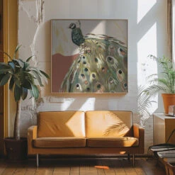 Peacock Salmon - Square Stretched Canvas, Poster Or Fine Art Print(Peacock Salmon Square Stretched Canvas Poster Or Fine Art Print) -Heart Wall Art Store pictufy interior 70s sofa ratio 1x1 2787386