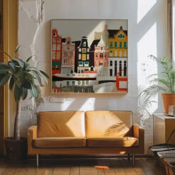 Amsterdam, Netherlands Houses 3 - Square Stretched Canvas, Poster Or Fine Art Print(Amsterdam Netherlands Houses 3 Square Stretched Canvas Poster Or Fine Art Print) -Heart Wall Art Store pictufy interior 70s sofa ratio 1x1 2839424