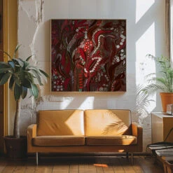 Crimson Isle’s Verdant Secret - Square Stretched Canvas, Poster Or Fine Art Print(Crimson Isle S Verdant Secret Square Stretched Canvas Poster Or Fine Art Print) -Heart Wall Art Store pictufy interior 70s sofa ratio 1x1 2847086