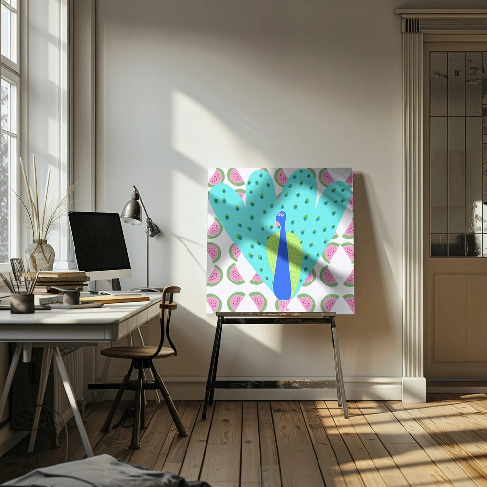 Electric Peacock With Watermelon Pattern By Artist Carla Daly - Square Stretched Canvas, Poster Or Fine Art Print(Electric Peacock With Watermelon Pattern By Artist Carla Daly Square Stretched Canvas Poster Or Fine Art Print) 13 Electric Peacock With Watermelon Pattern By Artist Carla Daly - Square Stretched Canvas, Poster Or Fine Art Print(Electric Peacock With Watermelon Pattern By Artist Carla Daly Square Stretched Canvas Poster Or Fine Art Print) - Image 13