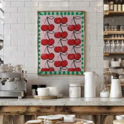 Red Cherries On A Pink - Stretched Canvas, Poster Or Fine Art Print(Red Cherries On A Pink Stretched Canvas Poster Or Fine Art Print) -Heart Wall Art Store pictufy interior barista white 2787951
