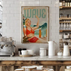 Surfing Pinup Girl On Beach In Bikini - Stretched Canvas, Poster Or Fine Art Print(Surfing Pinup Girl On Beach In Bikini Stretched Canvas Poster Or Fine Art Print) -Heart Wall Art Store pictufy interior barista white 2884804