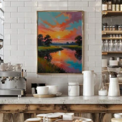 Sunset By The River - Stretched Canvas, Poster Or Fine Art Print(Sunset By The River Stretched Canvas Poster Or Fine Art Print) -Heart Wall Art Store pictufy interior barista white 3020445