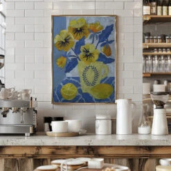 Yellow Pansies And Lemons - Stretched Canvas, Poster Or Fine Art Print(Yellow Pansies And Lemons Stretched Canvas Poster Or Fine Art Print) -Heart Wall Art Store pictufy interior barista white 3167162