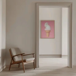 Cat Ice Cream - Pink - Stretched Canvas, Poster Or Fine Art Print(Cat Ice Cream Pink Stretched Canvas Poster Or Fine Art Print) -Heart Wall Art Store pictufy interior beige armchair ratio 5x7 2733272