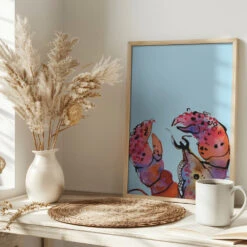 Lobster On Blue - Stretched Canvas, Poster Or Fine Art Print(Lobster On Blue Stretched Canvas Poster Or Fine Art Print) -Heart Wall Art Store pictufy interior bright scandi tea cup ratio 2x3 2465107