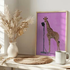 Giraffe Microphone Pink 01 - Stretched Canvas, Poster Or Fine Art Print(Giraffe Microphone Pink 01 Stretched Canvas Poster Or Fine Art Print) -Heart Wall Art Store pictufy interior bright scandi tea cup ratio 2x3 2508547