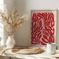 Red Leaf Harmony - Stretched Canvas, Poster Or Fine Art Print(Red Leaf Harmony Stretched Canvas Poster Or Fine Art Print) -Heart Wall Art Store pictufy interior bright scandi tea cup ratio 2x3 2552168