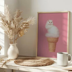 Cat Ice Cream - Pink - Stretched Canvas, Poster Or Fine Art Print(Cat Ice Cream Pink Stretched Canvas Poster Or Fine Art Print) -Heart Wall Art Store pictufy interior bright scandi tea cup ratio 2x3 2733272