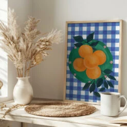 Checkered Citrus Charm - Stretched Canvas, Poster Or Fine Art Print(Checkered Citrus Charm Stretched Canvas Poster Or Fine Art Print) -Heart Wall Art Store pictufy interior bright scandi tea cup ratio 2x3 2787945
