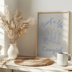 Surfs Up Cowgirl - Parchment - Stretched Canvas, Poster Or Fine Art Print(Surfs Up Cowgirl Parchment Stretched Canvas Poster Or Fine Art Print) -Heart Wall Art Store pictufy interior bright scandi tea cup ratio 2x3 2858931