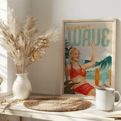 Surfing Pinup Girl On Beach In Bikini - Stretched Canvas, Poster Or Fine Art Print(Surfing Pinup Girl On Beach In Bikini Stretched Canvas Poster Or Fine Art Print) -Heart Wall Art Store pictufy interior bright scandi tea cup ratio 2x3 2884804