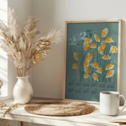 Calendar 2025 Linocut Flowers Green - Stretched Canvas, Poster Or Fine Art Print(Calendar 2025 Linocut Flowers Green Stretched Canvas Poster Or Fine Art Print) -Heart Wall Art Store pictufy interior bright scandi tea cup ratio 2x3 2910812