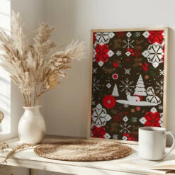 Snowy Festivities Pattern - Stretched Canvas, Poster Or Fine Art Print(Snowy Festivities Pattern Stretched Canvas Poster Or Fine Art Print) -Heart Wall Art Store pictufy interior bright scandi tea cup ratio 2x3 2980788
