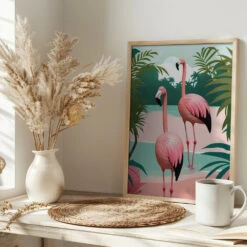 Tropical Flamingo Paradise - Stretched Canvas, Poster Or Fine Art Print(Tropical Flamingo Paradise Stretched Canvas Poster Or Fine Art Print) -Heart Wall Art Store pictufy interior bright scandi tea cup ratio 2x3 2983483