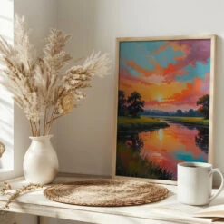 Sunset By The River - Stretched Canvas, Poster Or Fine Art Print(Sunset By The River Stretched Canvas Poster Or Fine Art Print) -Heart Wall Art Store pictufy interior bright scandi tea cup ratio 2x3 3020445