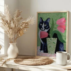 Barry With Pink Tulips And Pattern - Stretched Canvas, Poster Or Fine Art Print(Barry With Pink Tulips And Pattern Stretched Canvas Poster Or Fine Art Print) -Heart Wall Art Store pictufy interior bright scandi tea cup ratio 2x3 3167119