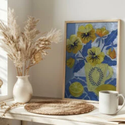 Yellow Pansies And Lemons - Stretched Canvas, Poster Or Fine Art Print(Yellow Pansies And Lemons Stretched Canvas Poster Or Fine Art Print) -Heart Wall Art Store pictufy interior bright scandi tea cup ratio 2x3 3167162