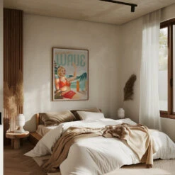 Surfing Pinup Girl On Beach In Bikini - Stretched Canvas, Poster Or Fine Art Print(Surfing Pinup Girl On Beach In Bikini Stretched Canvas Poster Or Fine Art Print) -Heart Wall Art Store pictufy interior brown bedroom ratio 5x7 2884804