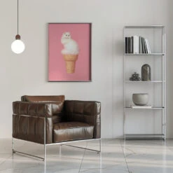 Cat Ice Cream - Pink - Stretched Canvas, Poster Or Fine Art Print(Cat Ice Cream Pink Stretched Canvas Poster Or Fine Art Print) -Heart Wall Art Store pictufy interior chrome armchair ratio 5x7 2733272