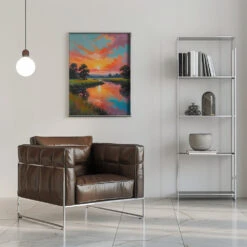 Sunset By The River - Stretched Canvas, Poster Or Fine Art Print(Sunset By The River Stretched Canvas Poster Or Fine Art Print) -Heart Wall Art Store pictufy interior chrome armchair ratio 5x7 3020445