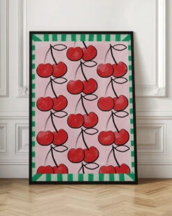 Red Cherries On A Pink - Stretched Canvas, Poster Or Fine Art Print(Red Cherries On A Pink Stretched Canvas Poster Or Fine Art Print) -Heart Wall Art Store pictufy interior floor ratio 2x3 2787951