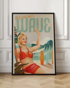 Surfing Pinup Girl On Beach In Bikini - Stretched Canvas, Poster Or Fine Art Print(Surfing Pinup Girl On Beach In Bikini Stretched Canvas Poster Or Fine Art Print) -Heart Wall Art Store pictufy interior floor ratio 2x3 2884804