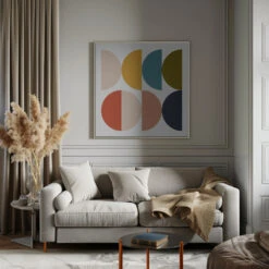 Mid Century Geometric Color Play - Square Stretched Canvas, Poster Or Fine Art Print(Mid Century Geometric Color Play Square Stretched Canvas Poster Or Fine Art Print) -Heart Wall Art Store pictufy interior gray sofa square ratio 1x1 2639798